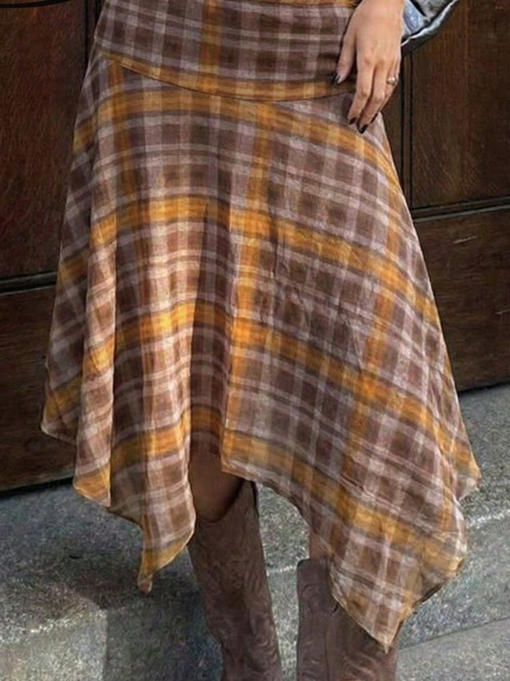 Multicolor Casual Women's Plaid Asymmetrical Midi Skirt - Picture 4 of 6